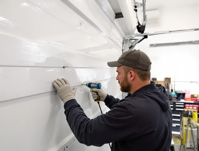 Whittier Garage Door Repair technician demonstrating precision dent removal techniques on a Whittier garage door