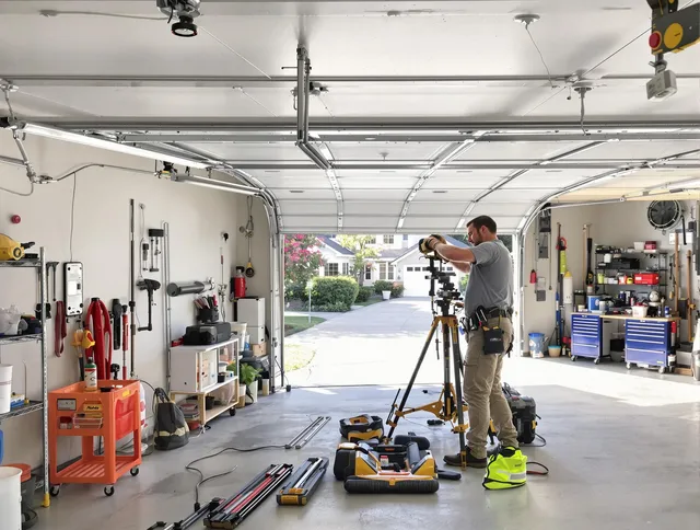 Whittier Garage Door Repair specialist performing laser-guided track alignment in Whittier